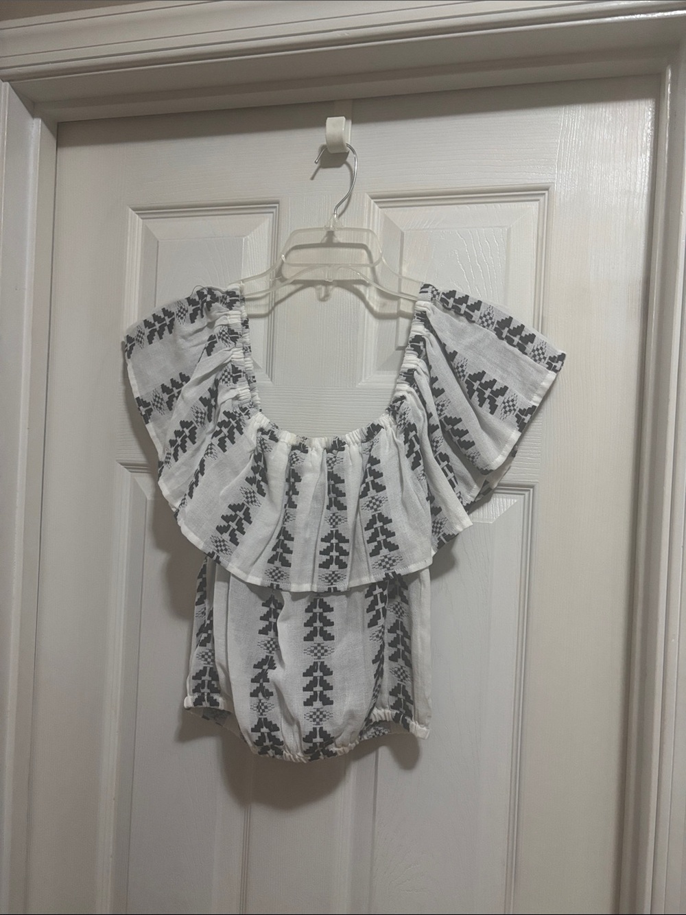 Elan White Blouse with Black Geometric Trim